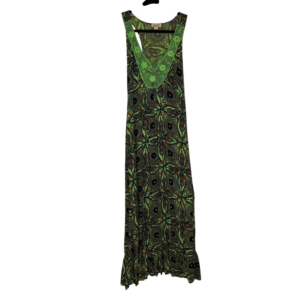 One World Green Mandala Print Crochet Lace Ruffle Hem Racerback Maxi Dress M